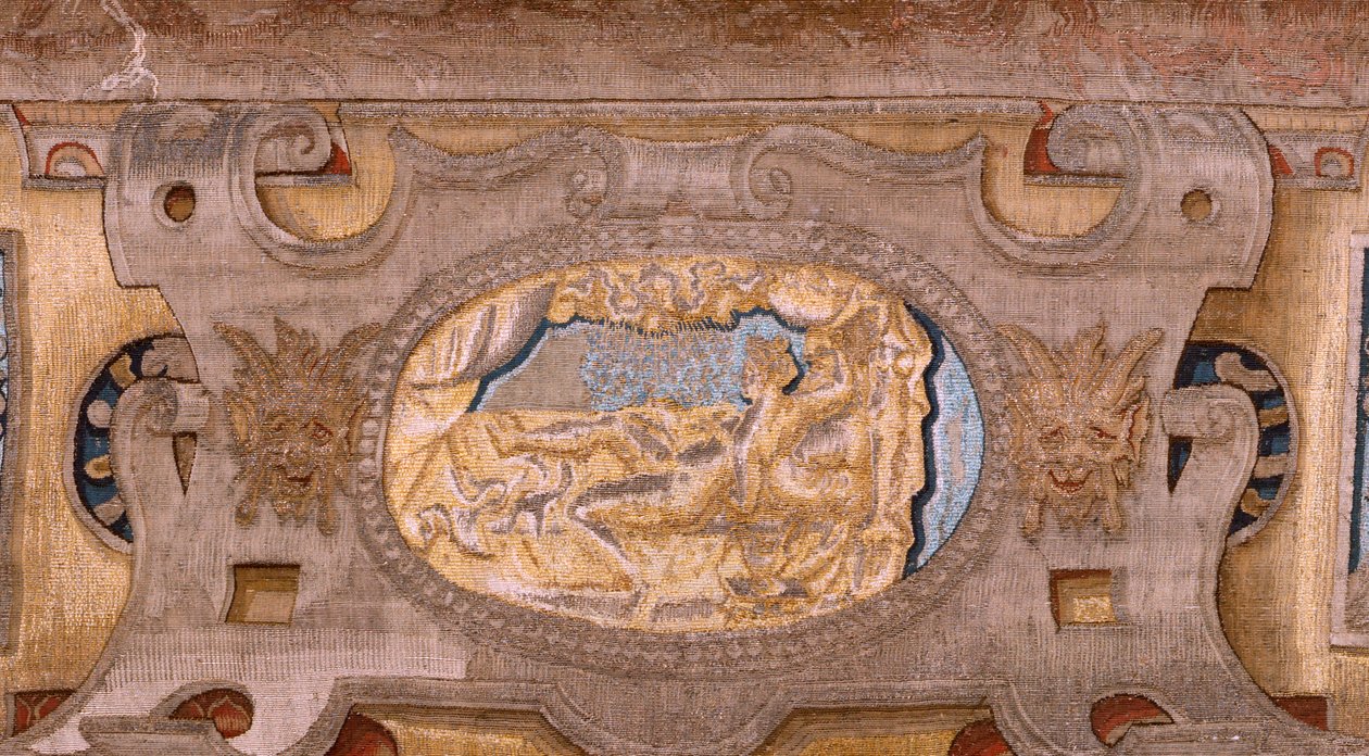 Vlaamse wandtapijt. Serie Vertumnus en Pomona. Vertumnus getransformeerd in een boer. Centrale deel van de onderste rand zien we een episode over de liefdes van Jupiter: Danaë. Tweede wandtapijt in de serie. Model Kring van Pieter Coecke van Aelst. Fabrika door Pieter (circle of) Coecke van Aelst