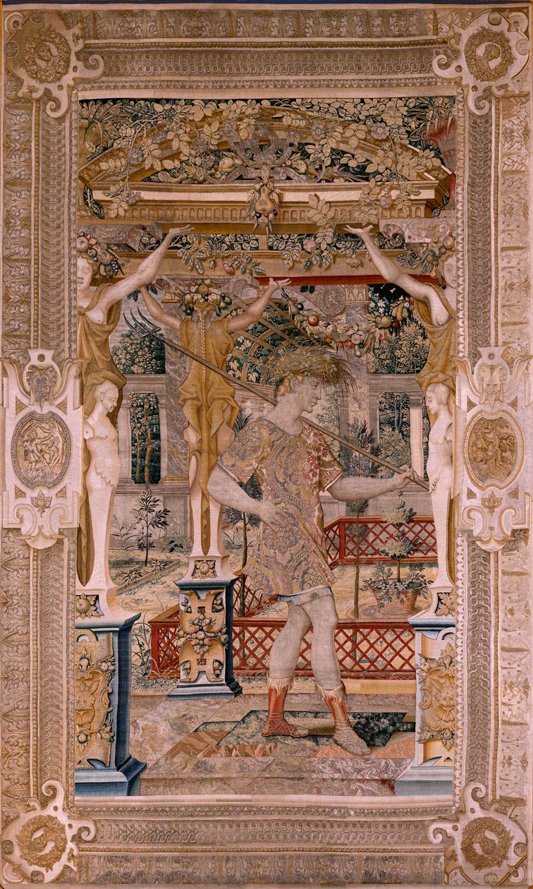Vlaamse wandtapijt. Serie Vertumnus en Pomona. Vertumnus getransformeerd in een boer. Tweede wandtapijt in de serie. Linker deel de transformatie van Daphne. Model Kring van Pieter Coecke van Aelst. Fabrikant Wilhelm Pannemaker, Brussel. Ca 1545-1550. door Pieter (circle of) Coecke van Aelst