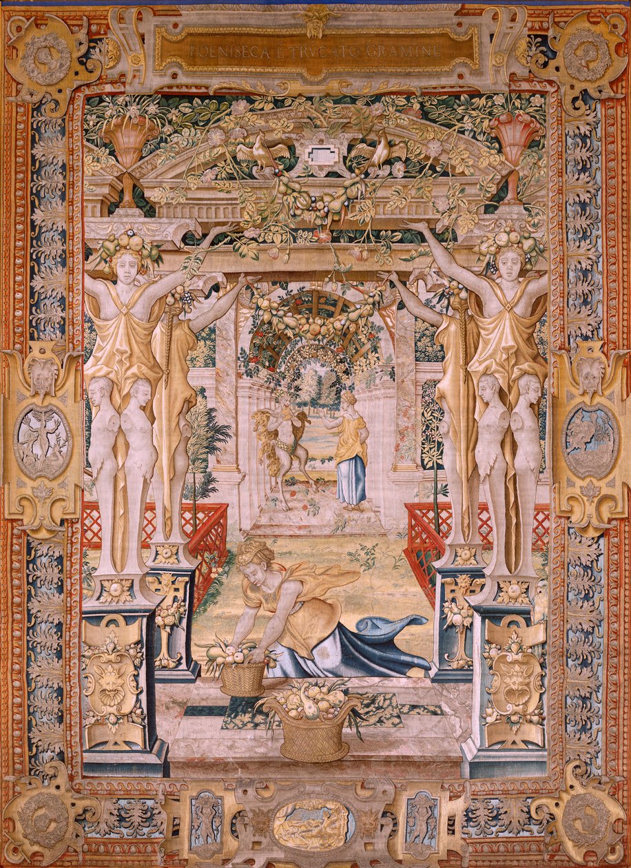 Vlaamse wandtapijt. Serie Vertumnus en Pomona. Vertumnus veranderd in een boer. Centraal deel van de onderste rand zien we een episode over de liefdes van Jupiter: Danaë. Tweede wandtapijt in de serie. Model Cirkel van Pieter Coecke van Aelst. Atelier Wil door Pieter (circle of) Coecke van Aelst