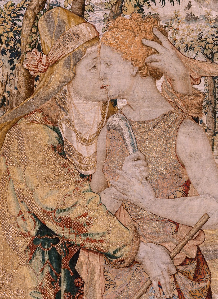 Vlaamse wandtapijt. Serie Vertumnus en Pomona. Vertumnus kust Pomona. Zevende wandtapijt in de serie. Model Kring van Pieter Coecke van Aelst. Fabrikant Wilhelm Pannemaker, Brussel. Ca 1545-1550. door Pieter (circle of) Coecke van Aelst