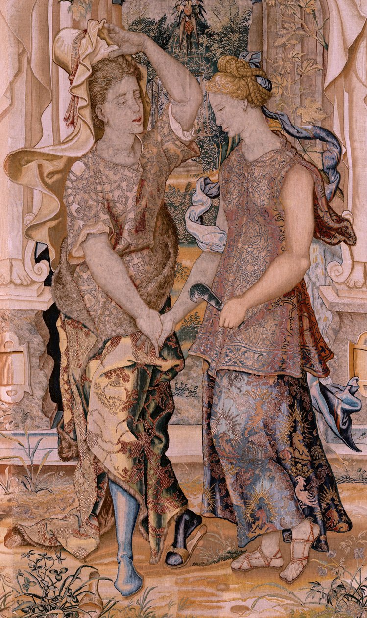 Vlaams wandtapijt. Serie Vertumnus en Pomona. Vertumnus onthult zijn identiteit aan Pomona door Pieter (circle of) Coecke van Aelst
