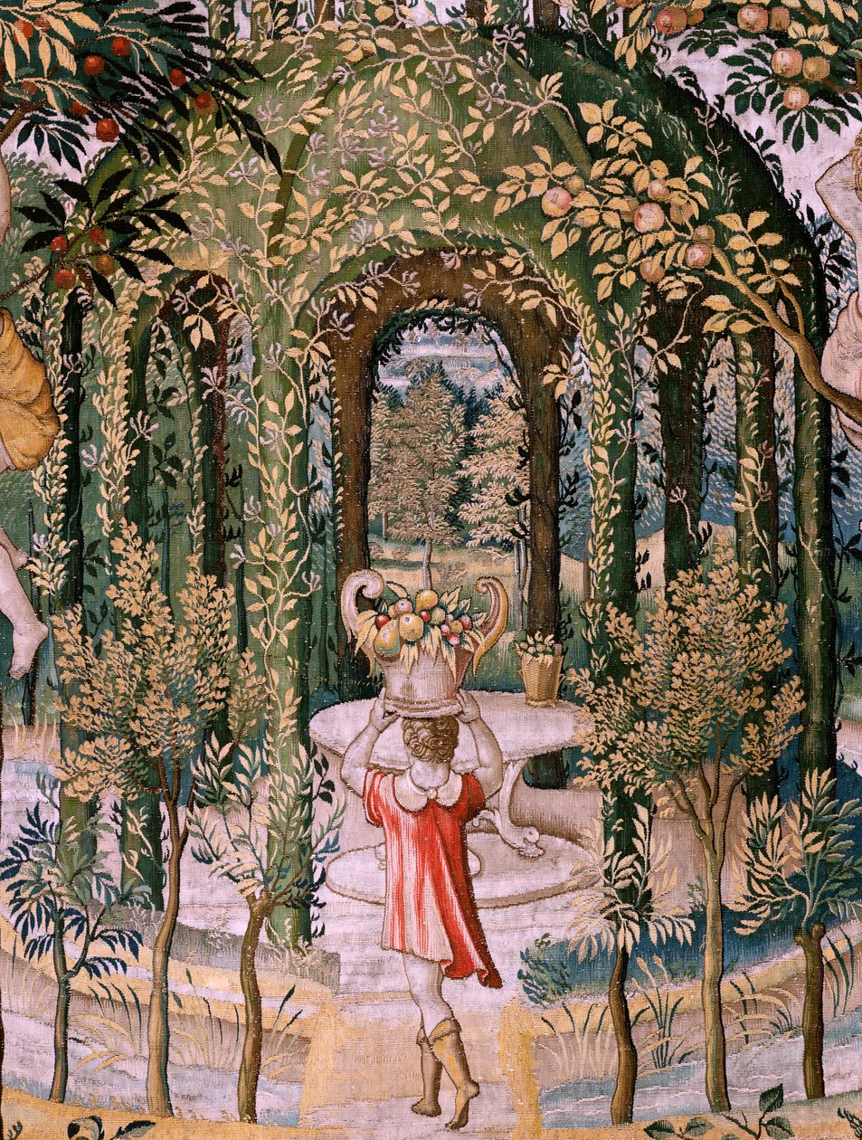 Vlaamse wandtapijt. Serie Vertumnus en Pomona; Vertumnus getransformeerd in een tuinman (Vertumno transformado en jardinero). Vijfde wandtapijt in de serie. Model Kring van Pieter Coecke Van Aelst en Léonard Thiry. Fabriek Onbekende werkplaats, Brussel, vo door Pieter (circle of) Coecke van Aelst