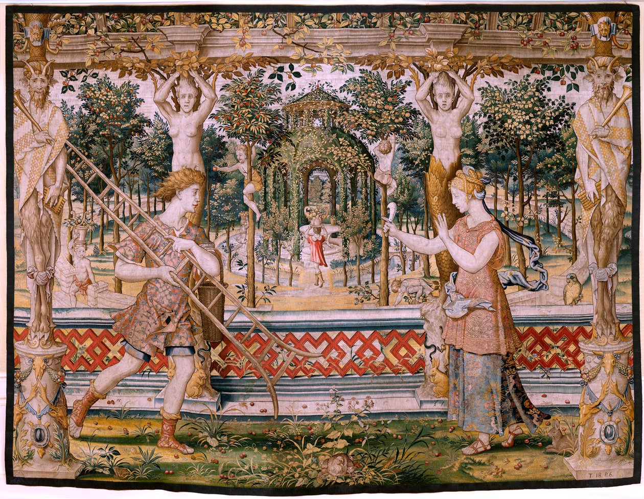 Vlaams wandtapijt. Serie Vertumnus en Pomona; Vertumnus veranderd in een tuinman. Vijfde wandtapijt in de serie. Model Kring van Pieter Coecke Van Aelst en Léonard Thiry. Manufacture Onbekende werkplaats, Brussel, voor door Pieter (circle of) Coecke van Aelst