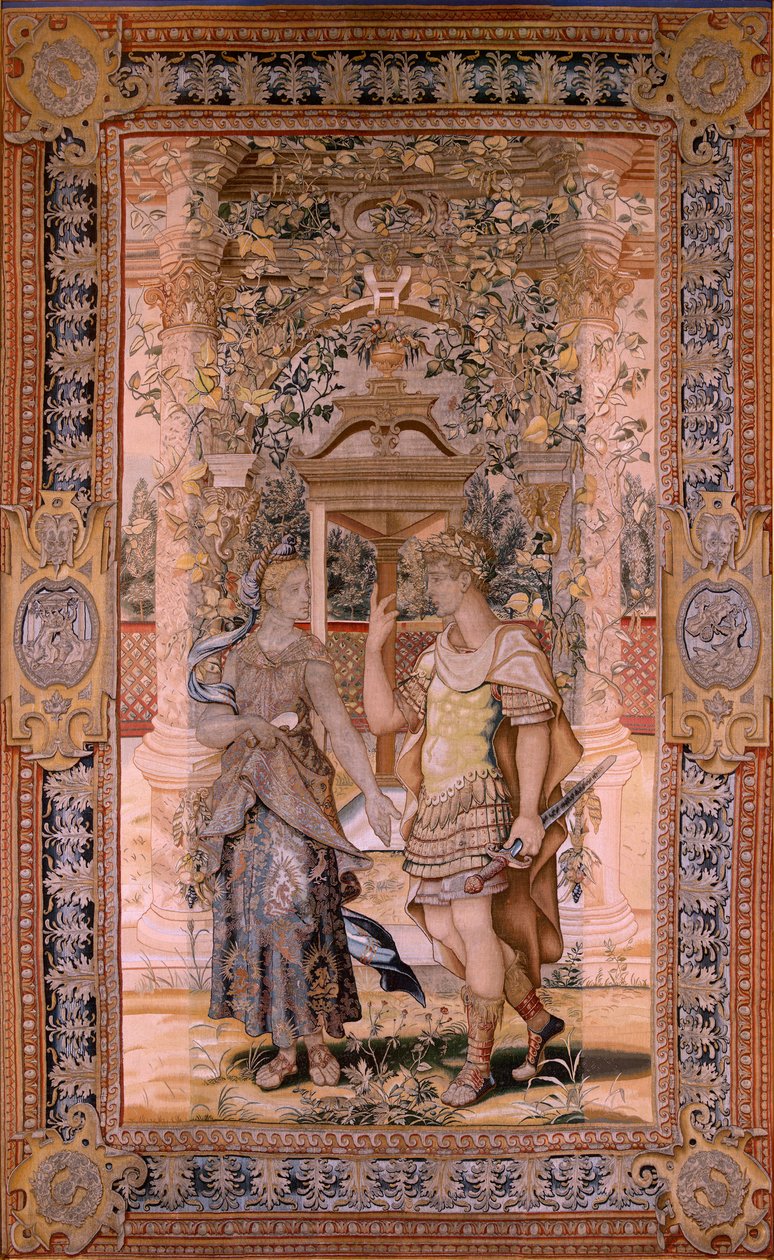 Vertumnus getransformeerd in een krijger. Vierde wandtapijt in de serie. Ca 1545-1550. door Pieter (circle of) Coecke van Aelst