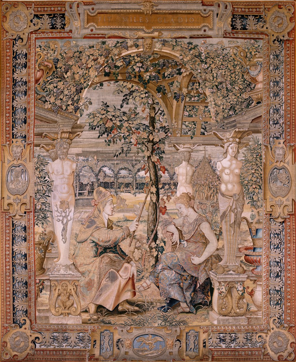 Vlaamse wandtapijt. Serie Vertumnus en Pomona. Vertumnus veranderd in een oude vrouw. Zesde wandtapijt in de serie. Model Cirkel van Pieter Coecke van Aelst. Atelier Wilhelm Pannemaker, Brussel. Ca 1545-1550 door Pieter (circle of) Coecke van Aelst