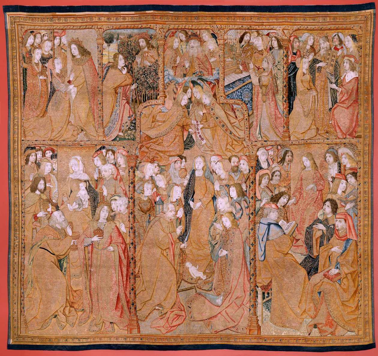 Vlaams wandtapijt. Serie Triomfen van de Moeder of Paños de Oro. Geboorte van Christus. Derde wandtapijt in de serie. Model Colin de Cooter (?). Manufacture Pieter van Aelst (of van Edingen), Brussel. Ca 1500-1502. door Pieter (studio of) Coecke van Aelst