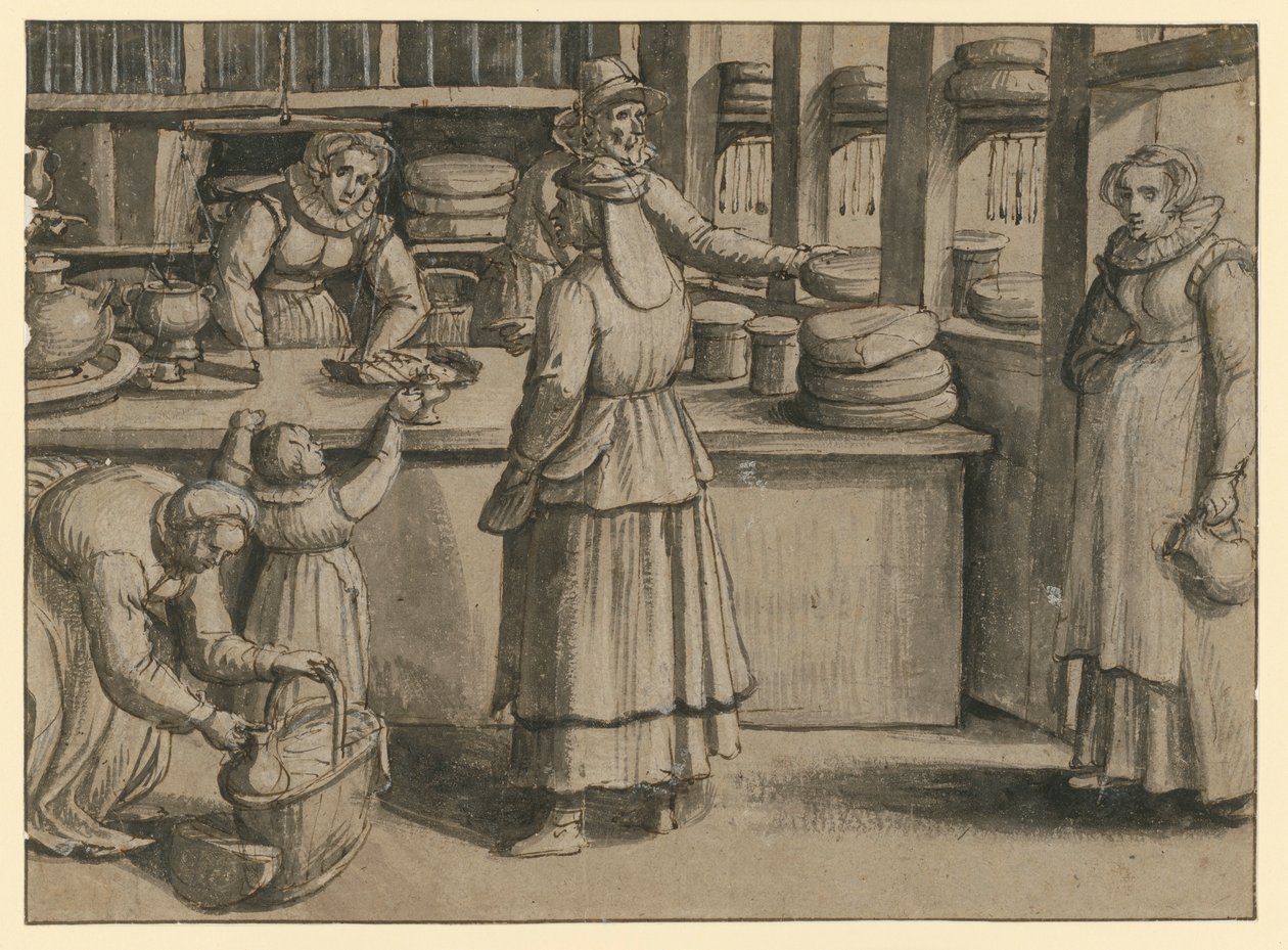Het interieur van een melk- en kaaswinkel door Pieter Aertsen