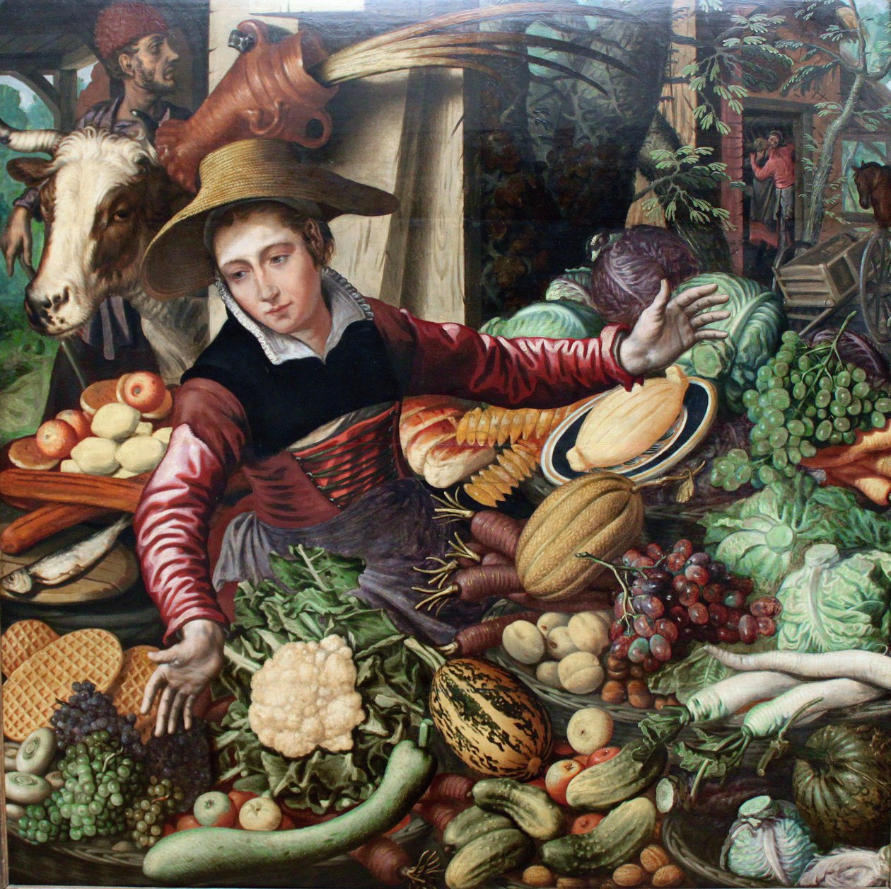 Duits: Marktfrau am Gemüsestand Marktvrouw bij een groentekraam door Pieter Aertsen