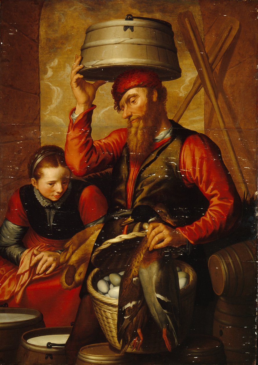 De verkoper van gevogelte. Een boerenpaar in traditionele kleding bereidt hun manden met eieren en goederen voor de markt voor. Schilderij van Pieter Aertsen (1508-1575) door Pieter Aertsen