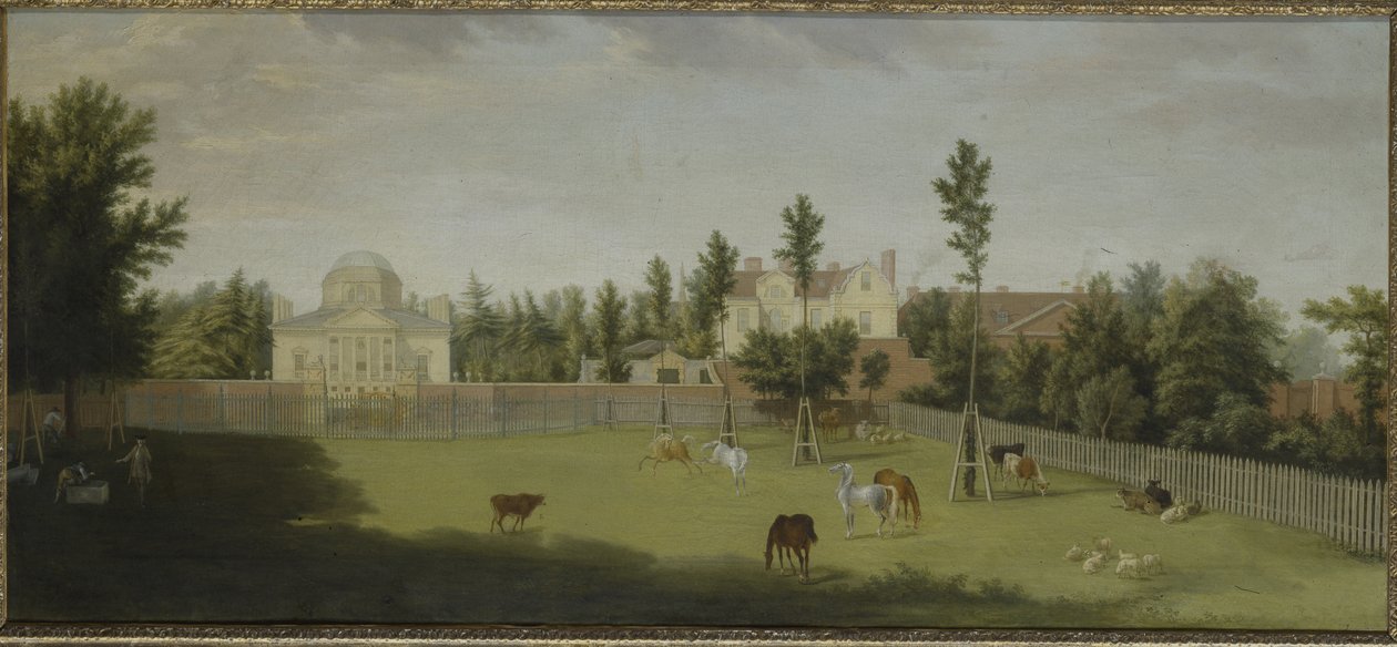 Uitzicht op de nieuwe villa, het oude huis en de stallen vanaf Burlington Lane, Chiswick Villa door Pieter Andreas Rysbrack