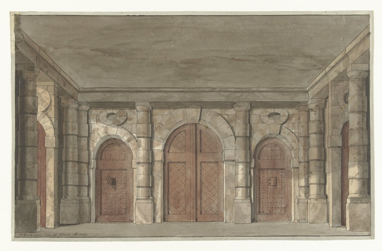 Ontwerp voor een toneeldecor van een voorportaal van een gevangenis (?) door Pieter Barbiers (I)