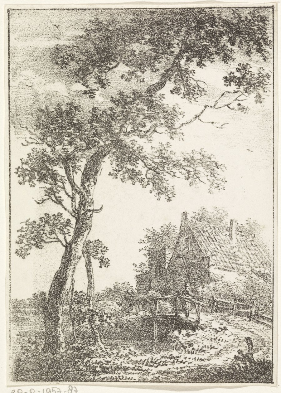 Landschap met boom, brug en huis door Pieter Bartholomeusz. Barbiers