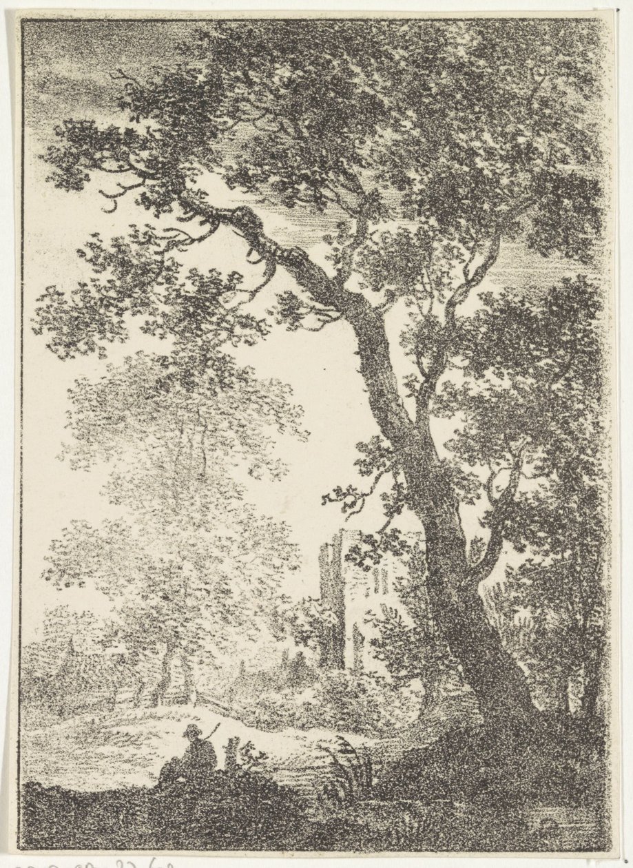 Landschap met ruïne en zittende figuur door Pieter Bartholomeusz. Barbiers