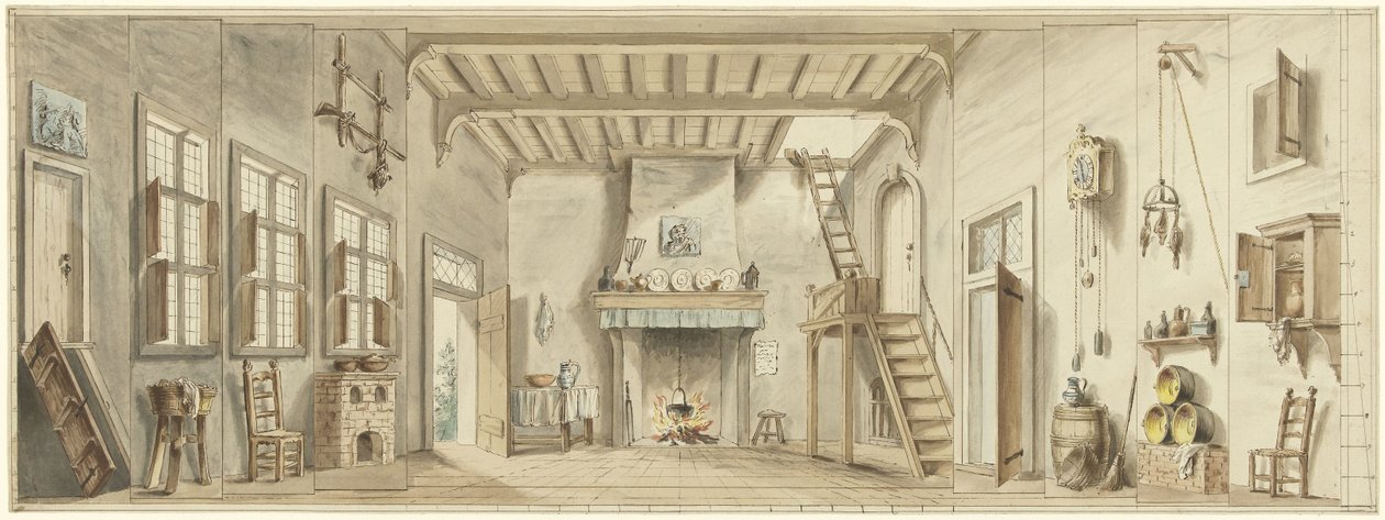 Ontwerp voor een toneeldecor voor de Vlaamse opera Het Kapertje door Pieter Bartholomeusz. Barbiers