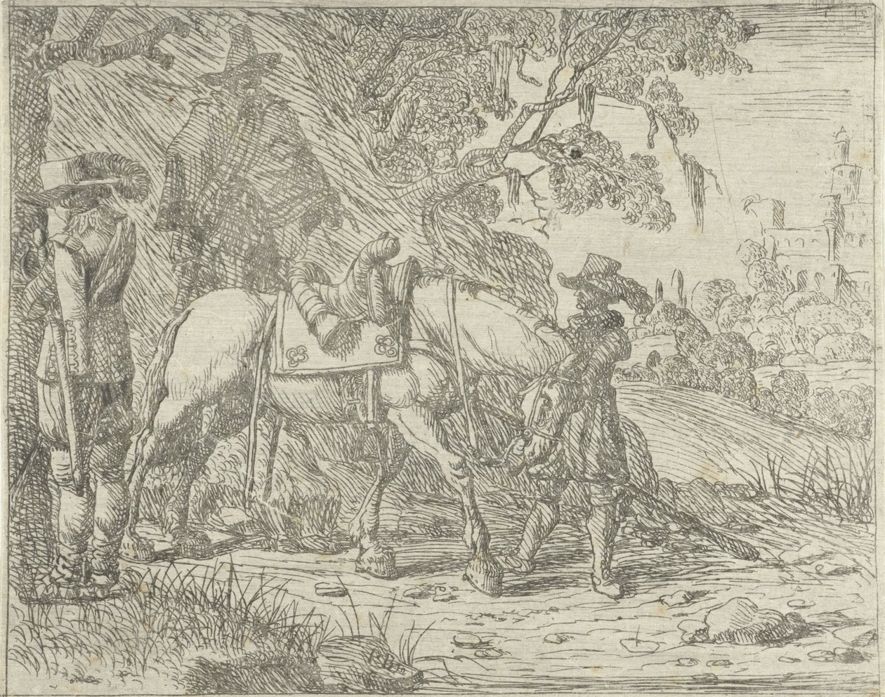 Gezadeld paard met soldaten door Pieter Bodding van Laer
