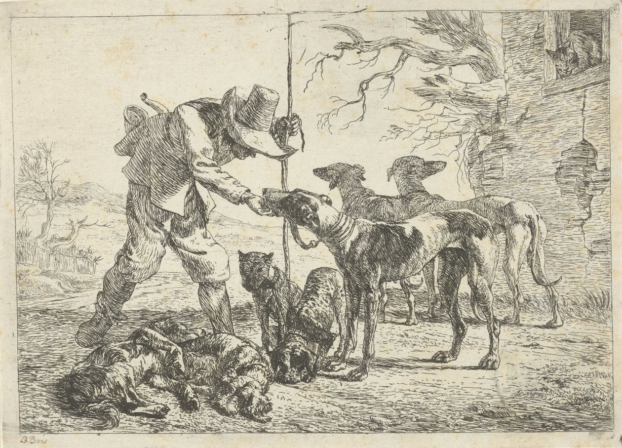 Jager met zeven honden door Pieter Bodding van Laer