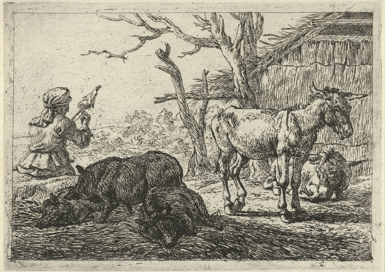 Spinnende vrouw, zwijnen en ezels door Pieter Bodding van Laer