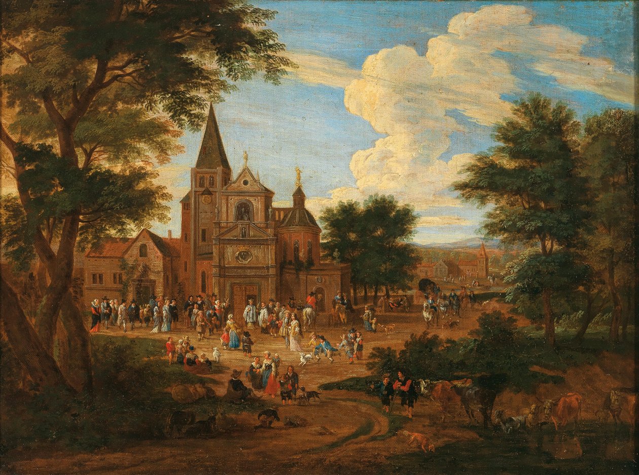 Druk marktplein in een stad door Pieter Bout