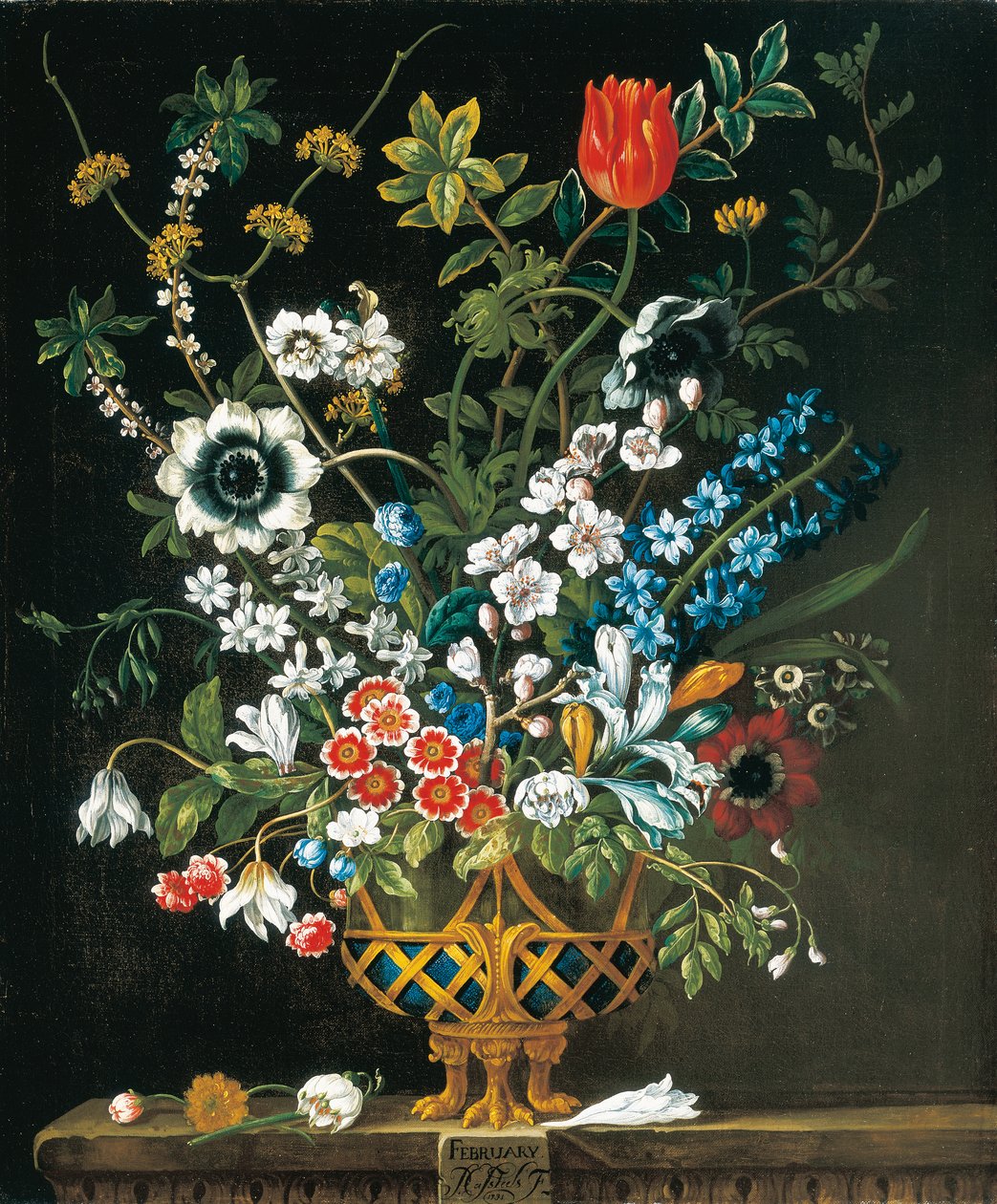 Februari, uit De Twaalf Maanden van Bloemen, een Bloemenkalender van Stillevens door Pieter Casteels