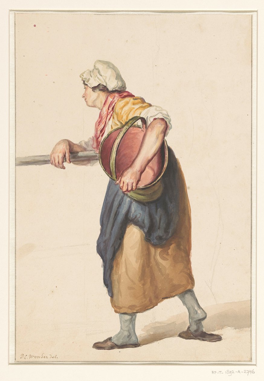 Staande vrouw met een emmer onder de arm door Pieter Christoffel Wonder