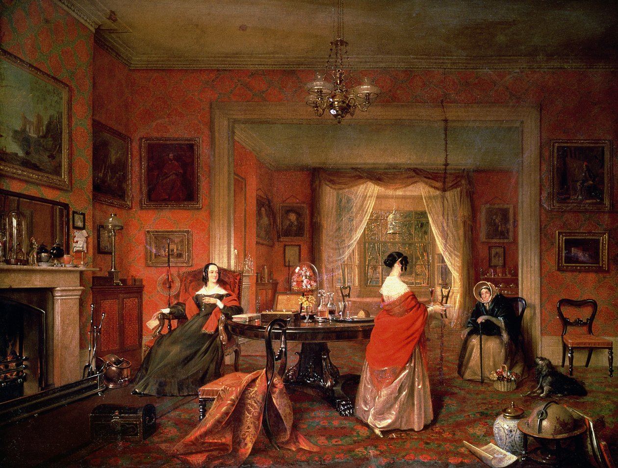 Drie dames in een interieur van een salon door Pieter Christoffel Wonder