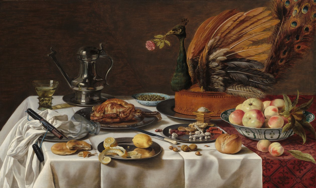 Stilleven met een pauwentaart door Pieter Claesz