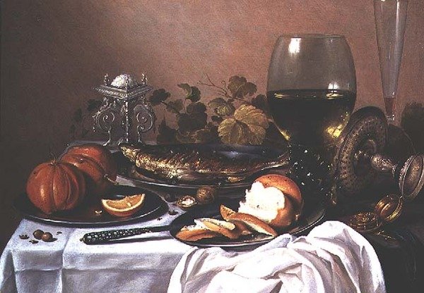 Stilleven met makreel, pompoen en brood door Pieter Claesz