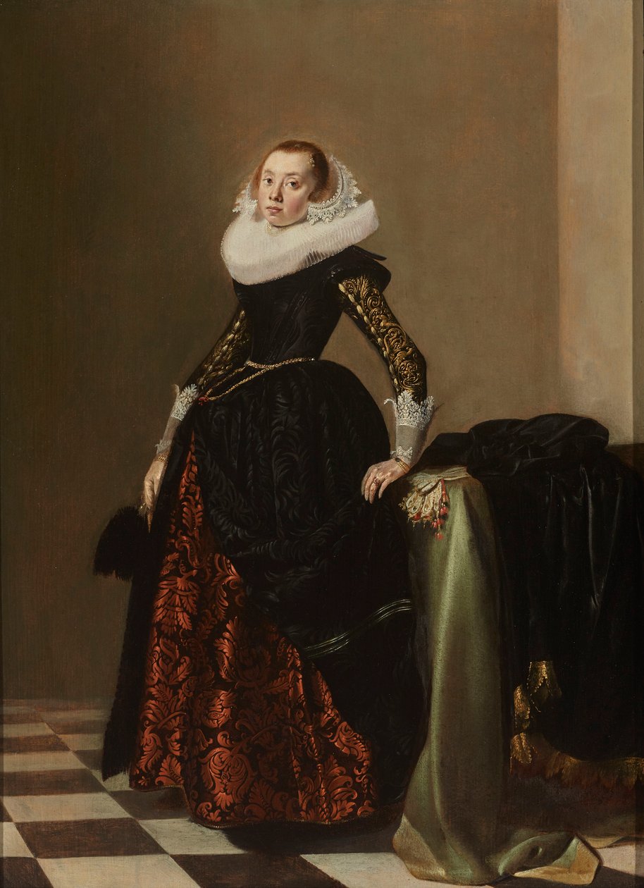 Portret van een Rijk Geklede Jonge Vrouw door Pieter Codde