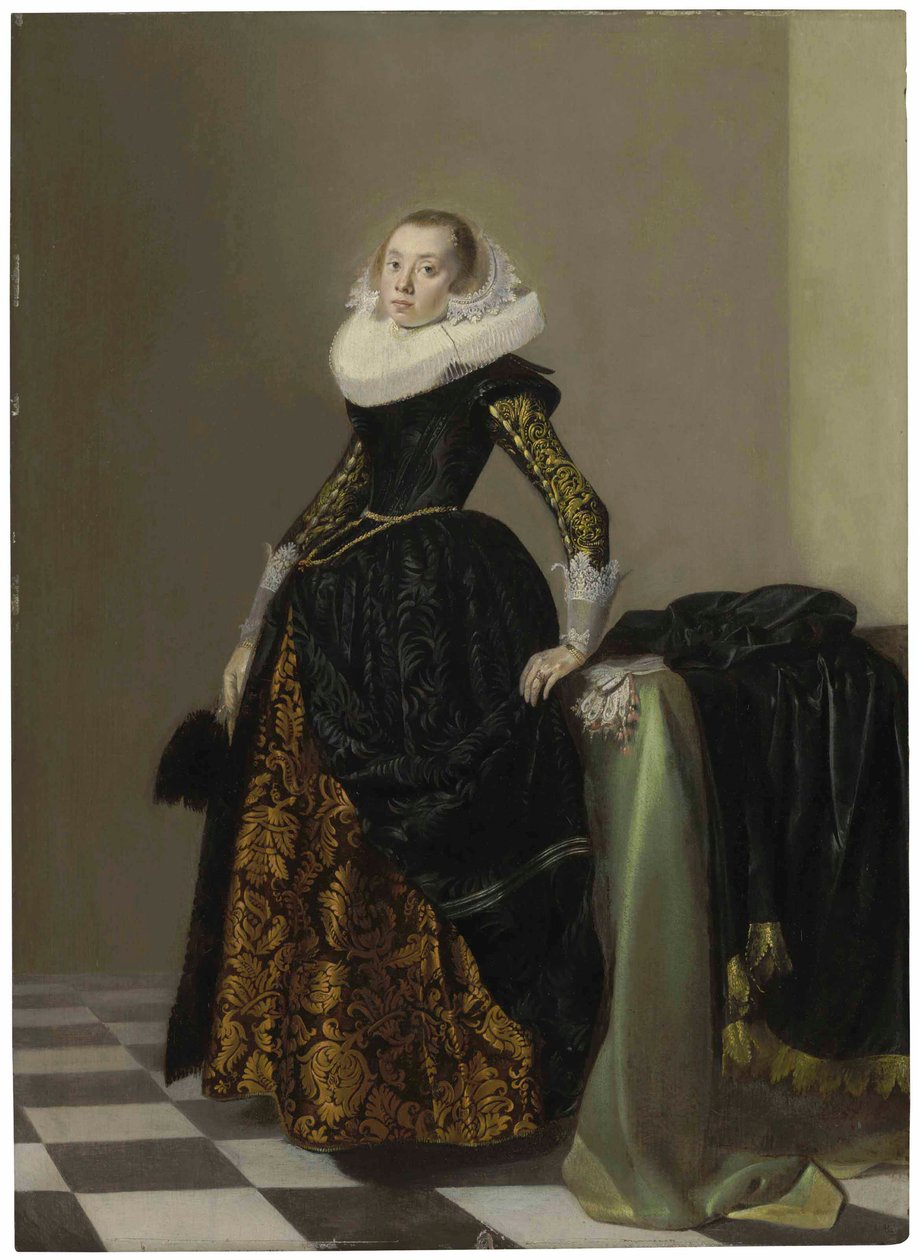 Portret van een rijk geklede jongedame, ten voeten uit, voor een gedrapeerde tafel door Pieter Codde
