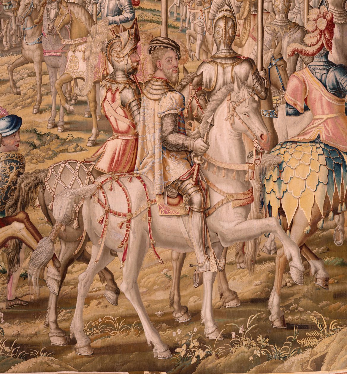 Vlaams wandtapijt. Serie De verovering van Tunis; Inspectie van de troepen in Barcelona. Tweede wandtapijt in de serie. door Pieter Coecke van Aelst