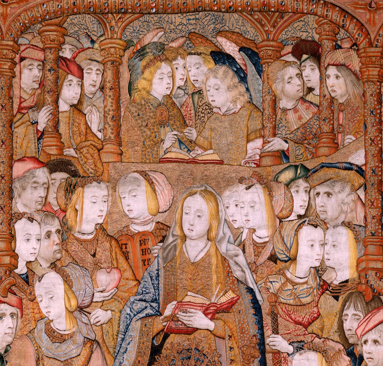 Vlaamse wandtapijt. Serie Triomfen van de Moeder of Paños de Oro. Annunciatie. Tweede wandtapijt in de serie. Model Colin de Cooter (?). Manufacture Pieter van Aelst (of van Edingen), Brussel. Ca 1500-1502. door Pieter Coecke van Aelst