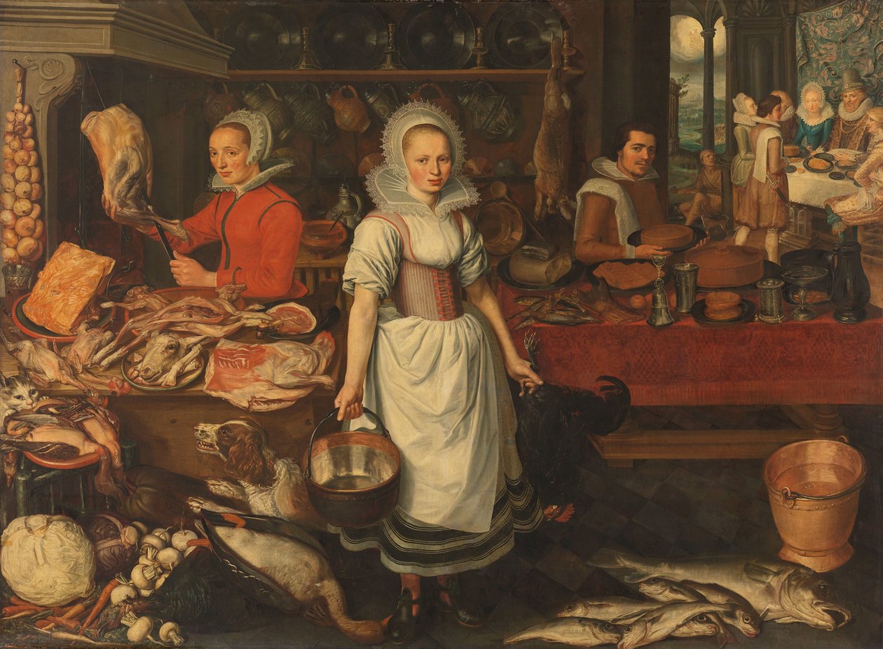 Keukenscène met de Gelijkenis van de Rijke Man en de Arme Lazarus door Pieter Cornelisz. van Rijck (attributed to)