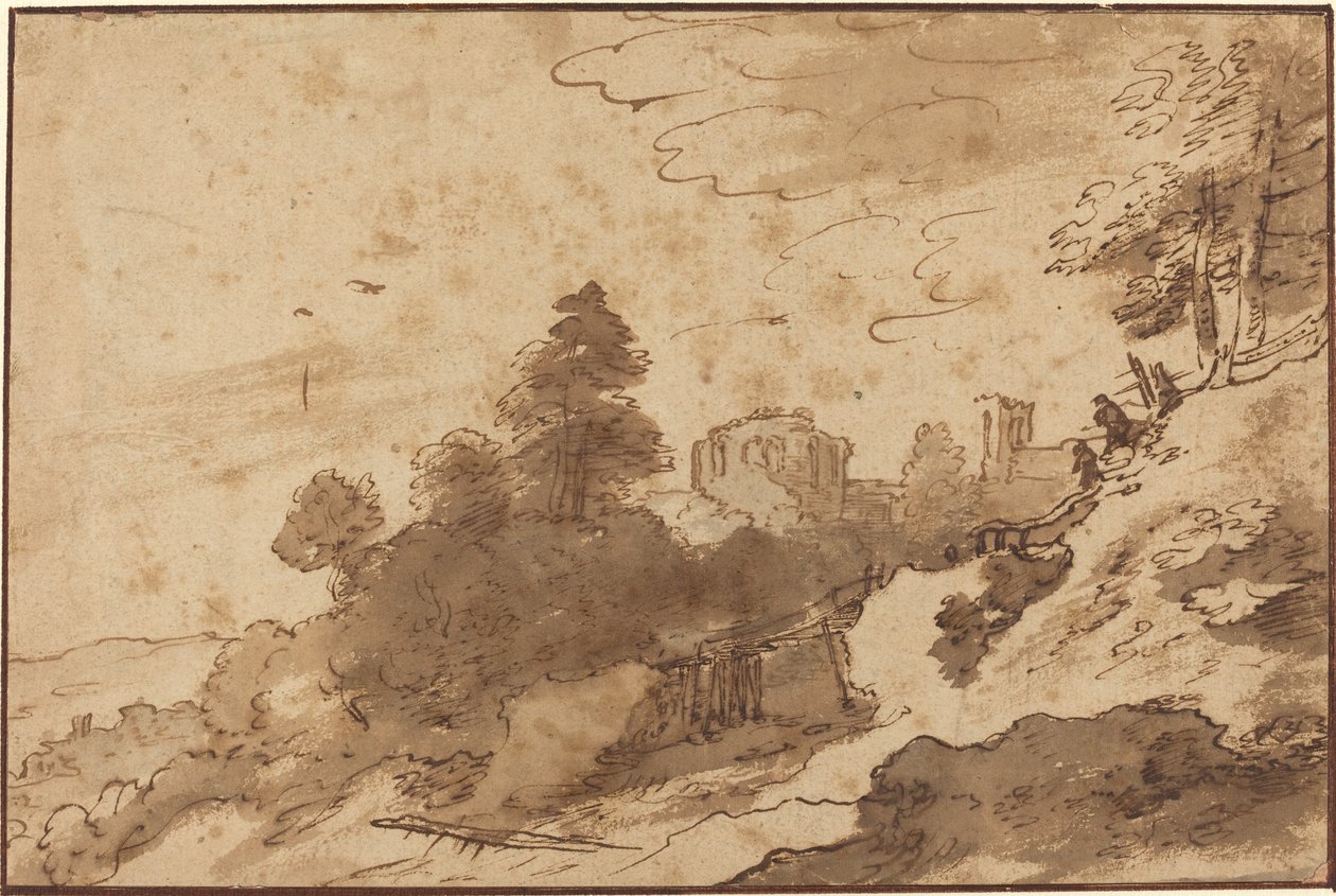 Landschap met brug en ruïnes op de achtergrond door Pieter Dircksz Santvoort