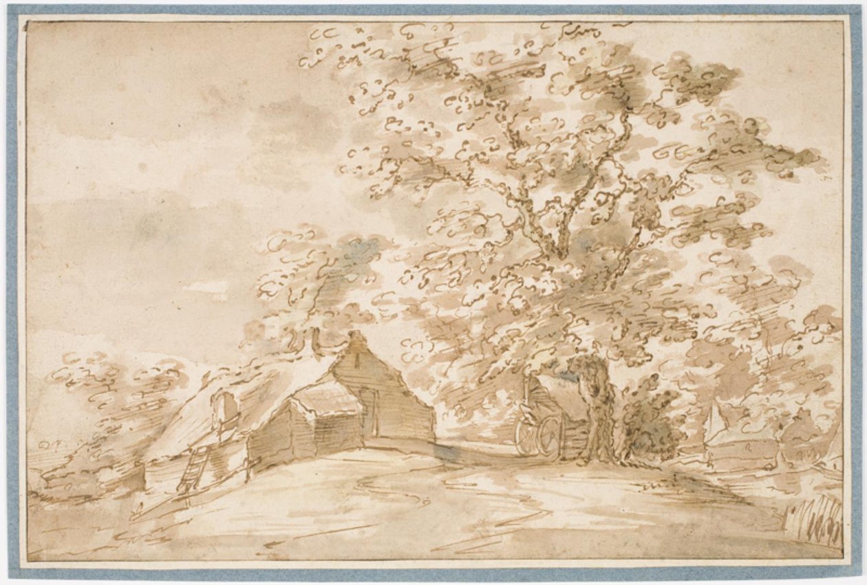 Landschap met een grote eik naast boerderijen door Pieter Dircksz van Santvoort