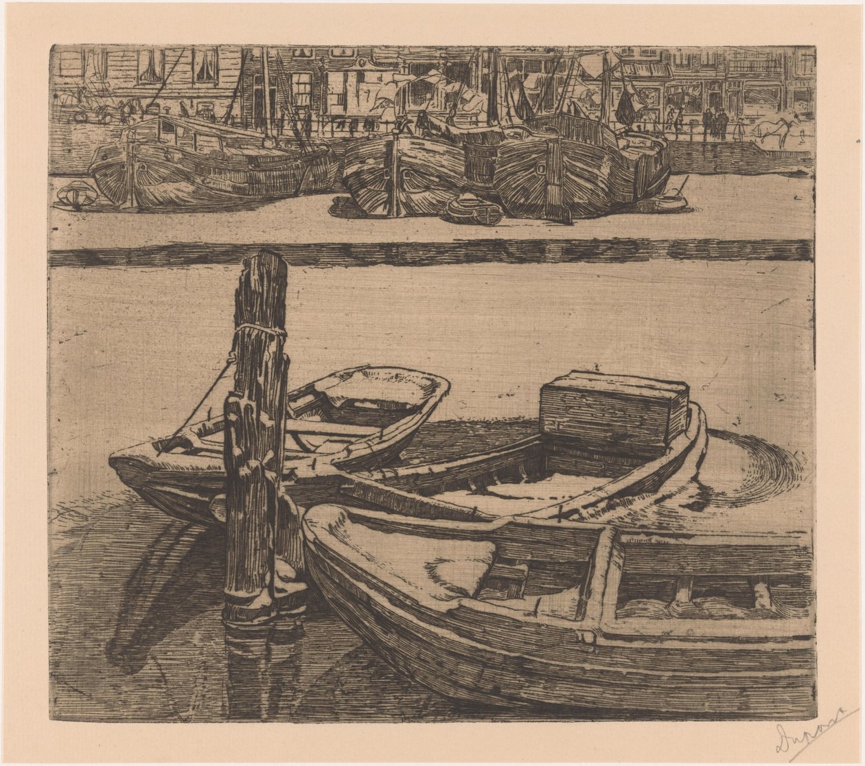 Schepen in het Damrak in Amsterdam door Pieter Dupont (signed by artist)