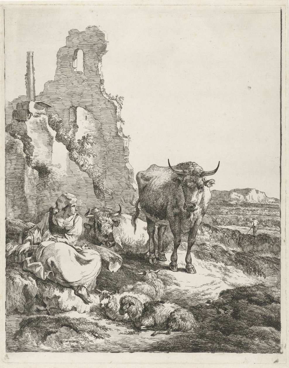 Landschap met staande en liggende koe en herderin voor een ruïne door Pieter Gerardus van Os