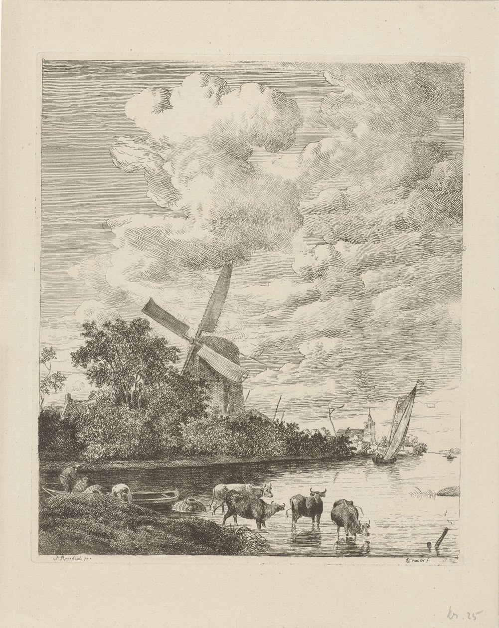 Riviergezicht met molen en koeien in het water door Pieter Gerardus van Os