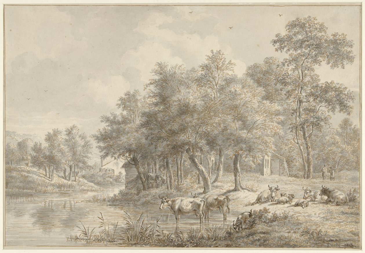 Rivierlandschap met vee door Pieter Gerardus van Os