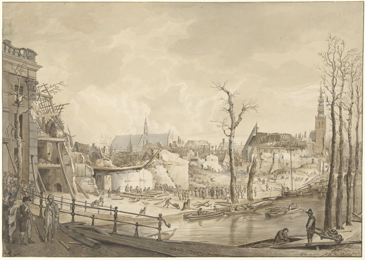 Ruïnes op de noordzijde van het Steenschuur na de Buskruitramp te Leiden, 12 januari 1807 door Pieter Gerardus van Os
