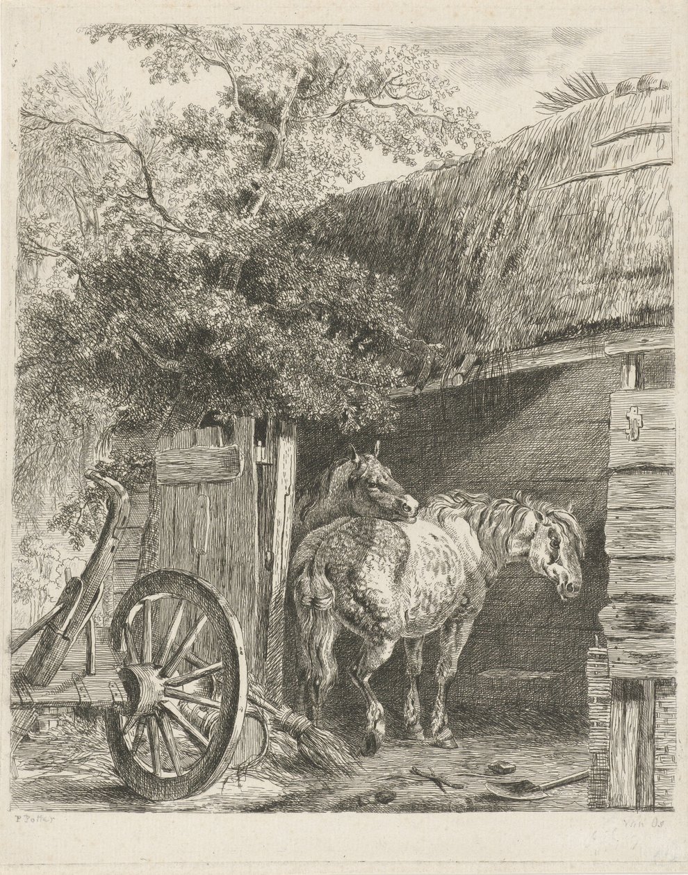 Twee paarden in een boerenschuur door Pieter Gerardus van Os