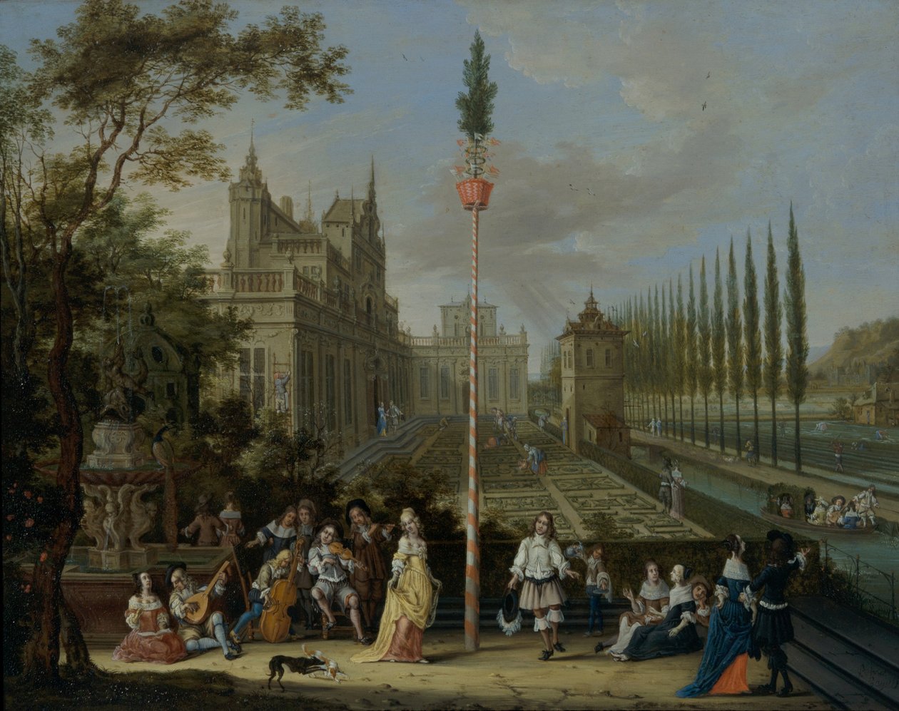 Figuren dansen rond een meiboom in de tuinen van een kasteel door Peeter Gijsels