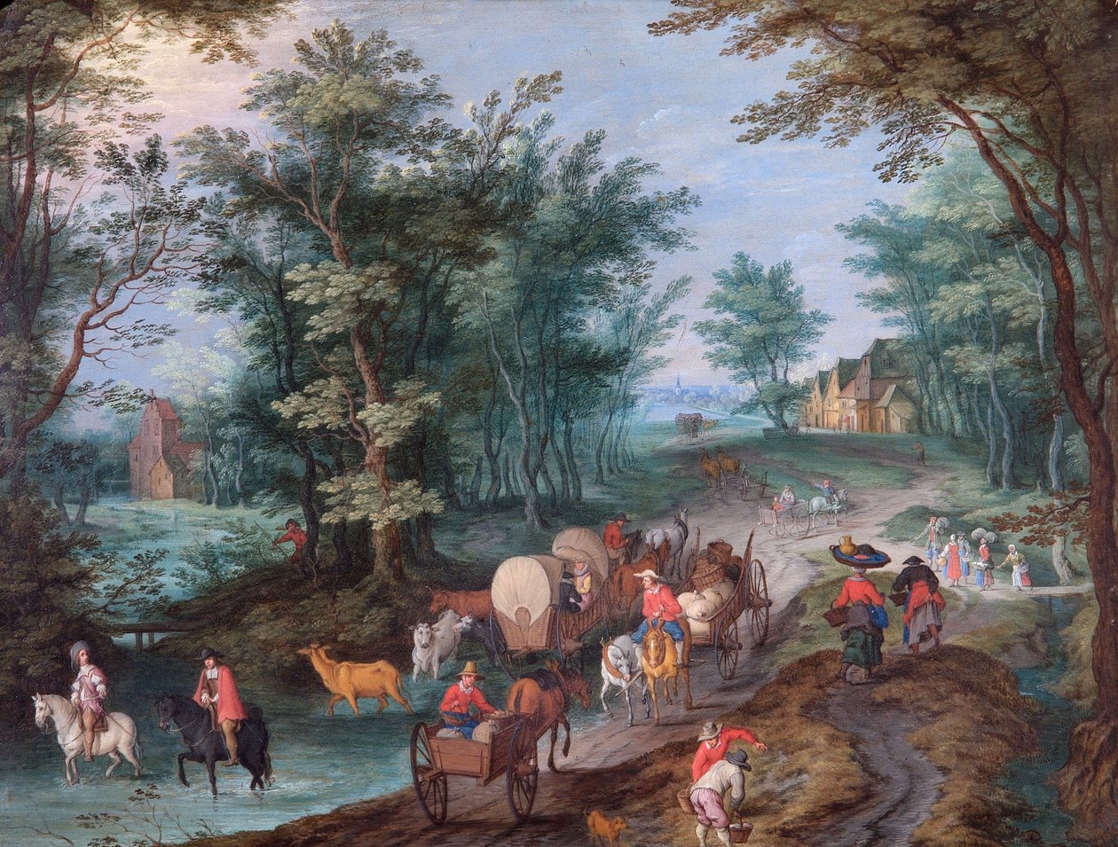 Landschap met figuren die een beek oversteken door Peeter Gijsels