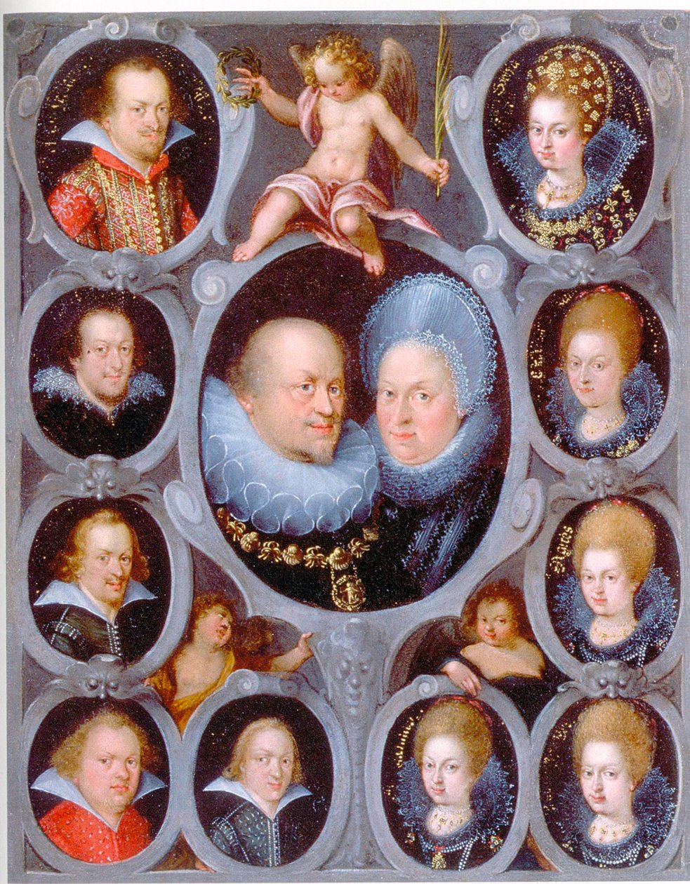 Hertog Frederik I (1557-1608) (r. 1593-1608) en hertogin van Württemberg Sibylla met tien van hun kinderen door Pieter Isaacsz