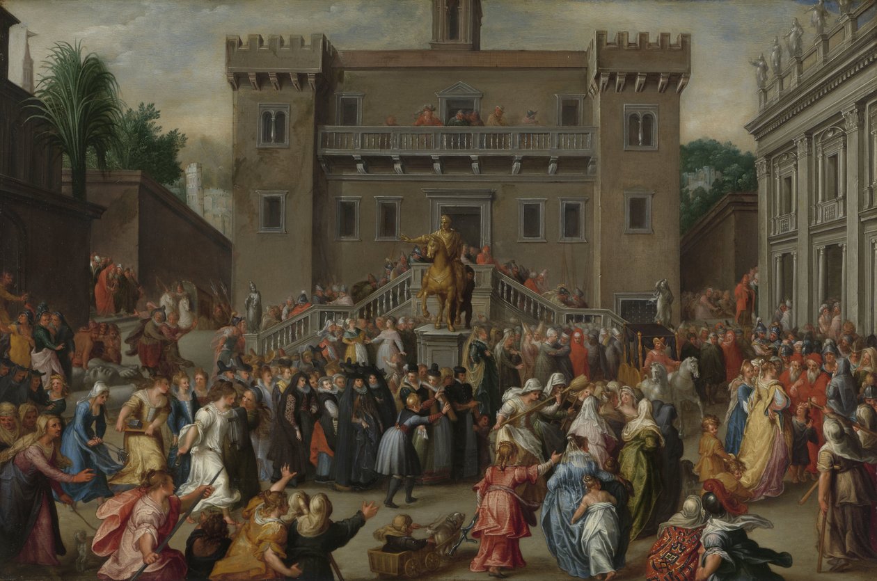 De vrouwen van Rome verzamelen zich op het Capitool door Pieter Isaacsz.
