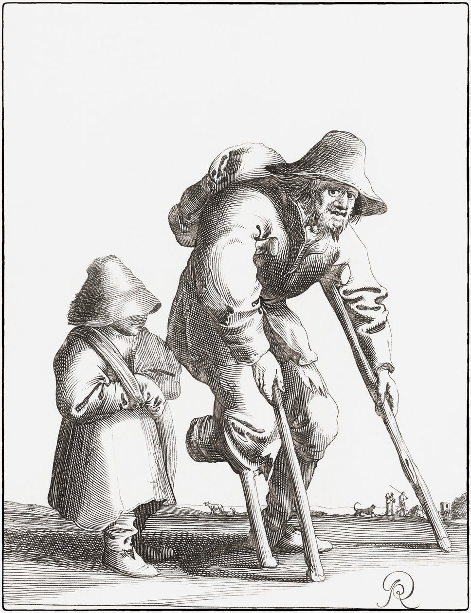Kreupel bedelaar met kind door Pieter Jansz (after) Quast