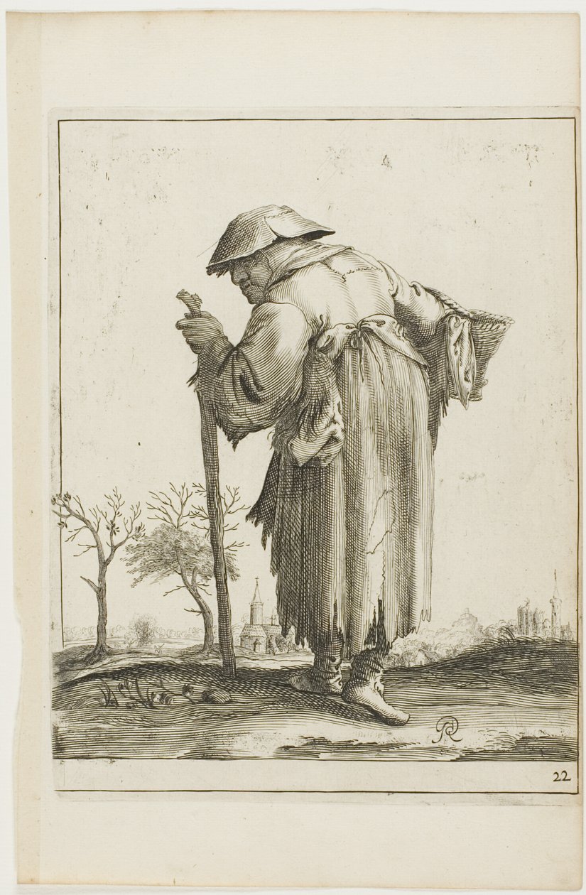 Marcherende bedelaarster met een mand, uit T is al verwart-gaern (Het is al verwarrend) door Pieter Jansz. Quast