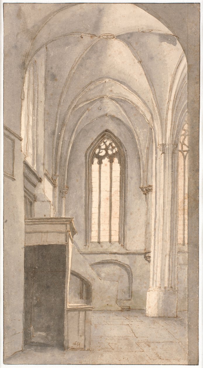 Zicht op het interieur van de kerk van St. Cunera in Rhenen (prov. Utrecht) door Pieter Jansz Saenredam