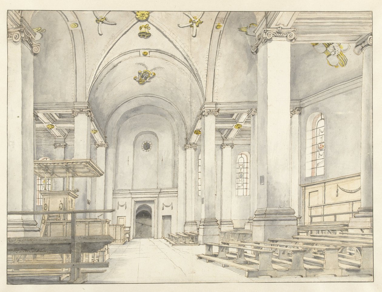 Zicht op het schip van de Nieuwe Kerk, Haarlem, naar het westen door Pieter Jansz Saenredam