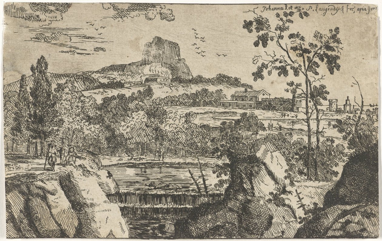 Bergachtig landschap met waterval door Pieter Langendijk (I)