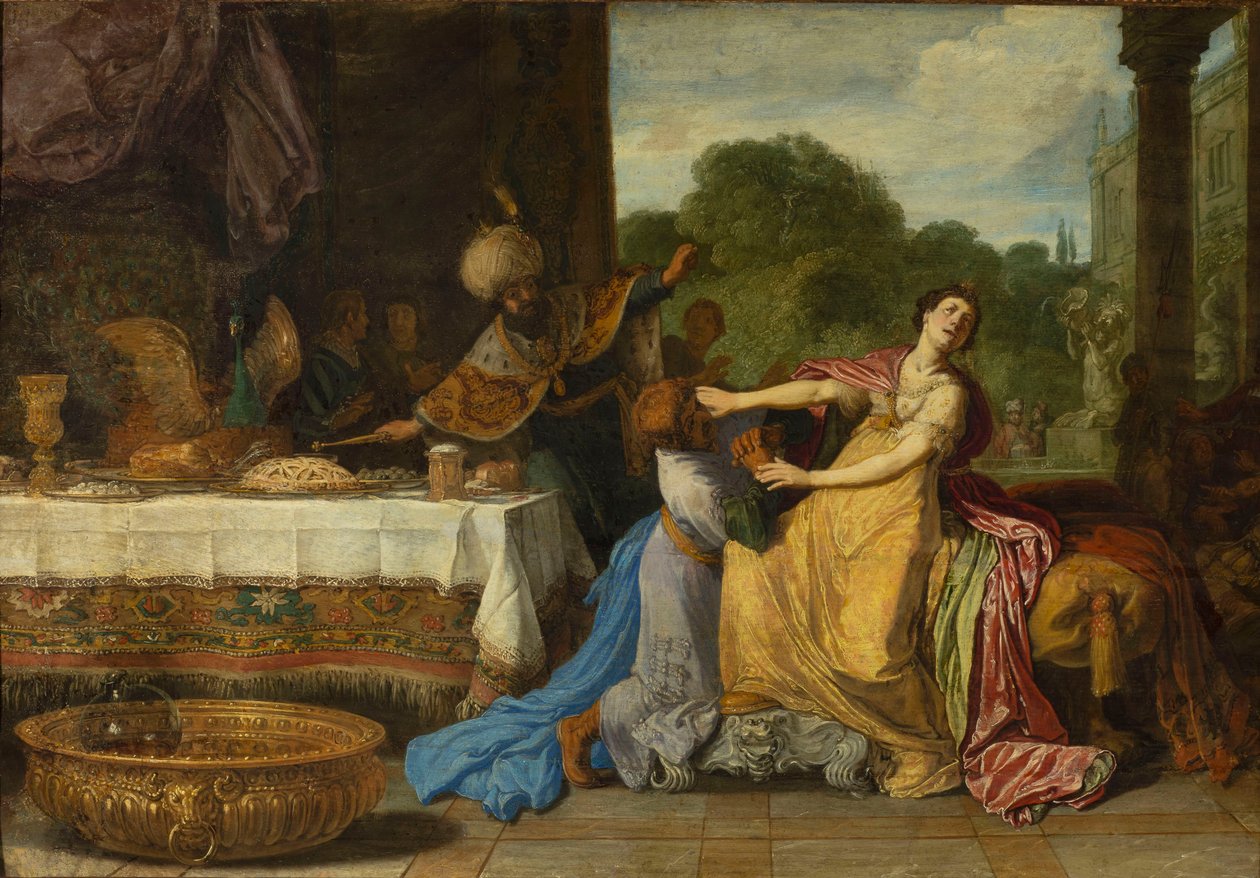 Haman smeekt Esther om genade door Pieter Lastman
